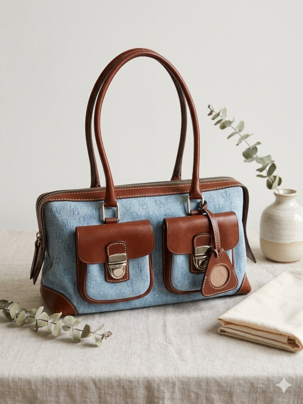 Vintage Dooney & Bourke Blue Denim Monogram Cargo Pocket Satchel 15